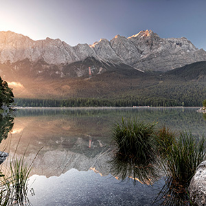 View of Lake Eibsee with turquoise water and mountains