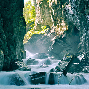 Partnach Gorge with waterfall and rock walls